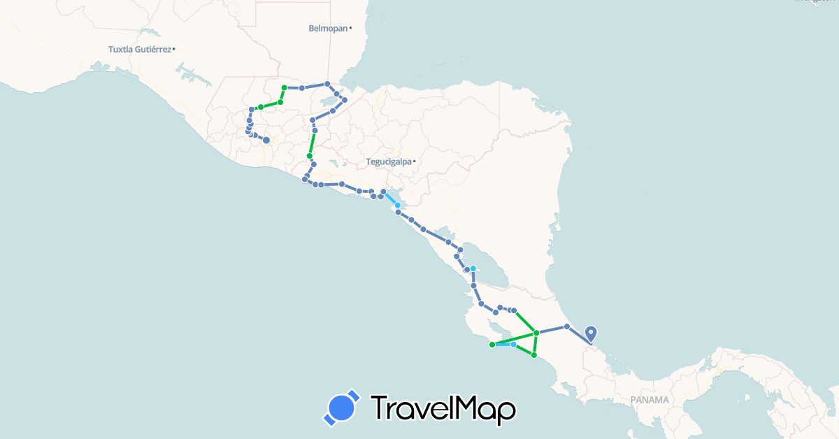TravelMap itinerary: driving, bus, cycling, boat in Costa Rica, Guatemala, Nicaragua, El Salvador (North America)